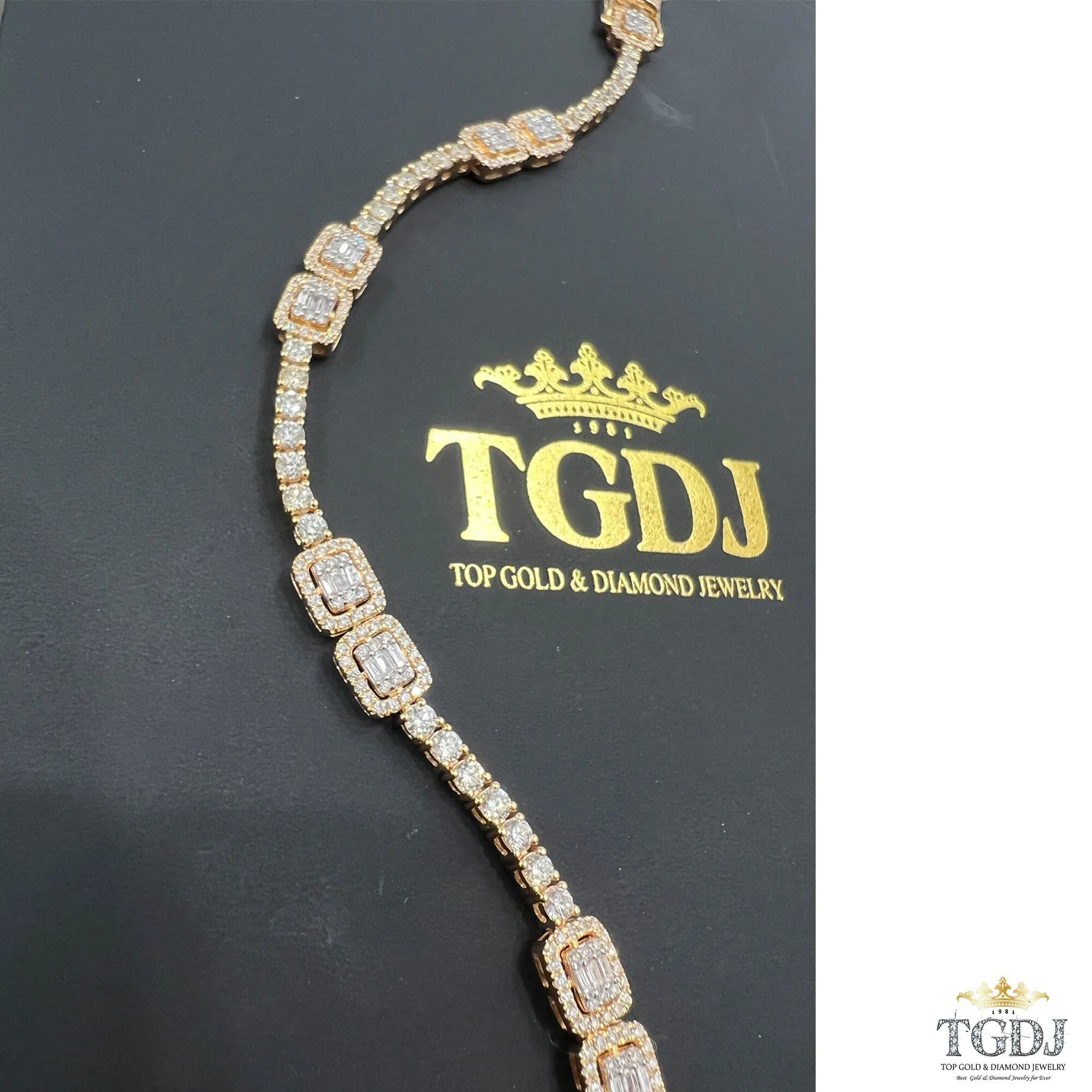 14k Yellow Gold Genuine Natural 3.31ct Diamond Tennis Bracelet Baguette & Round Diamond Charm Diamond Bracelet  | Exclusive Design for Women