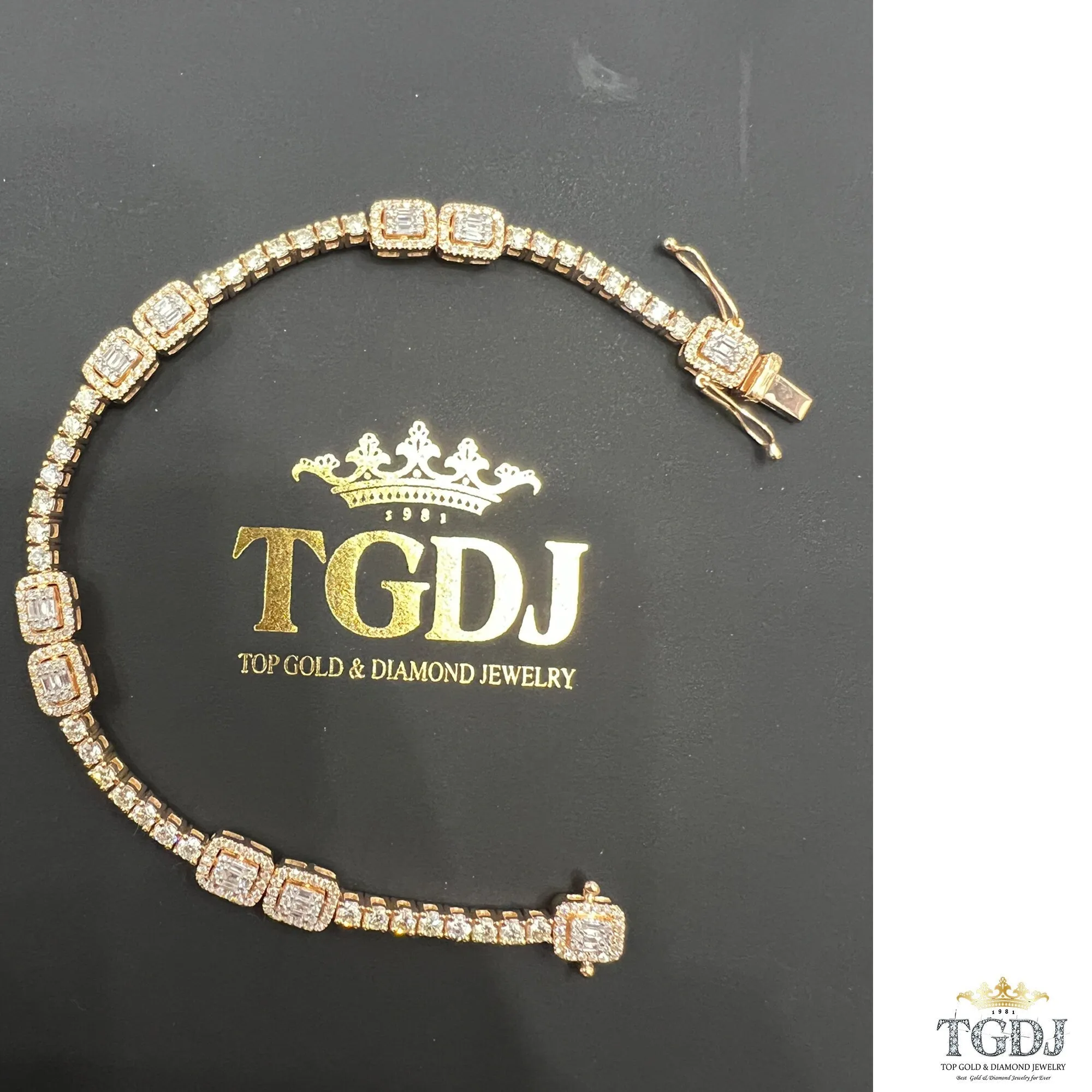 14k Yellow Gold Genuine Natural 3.31ct Diamond Tennis Bracelet Baguette & Round Diamond Charm Diamond Bracelet  | Exclusive Design for Women