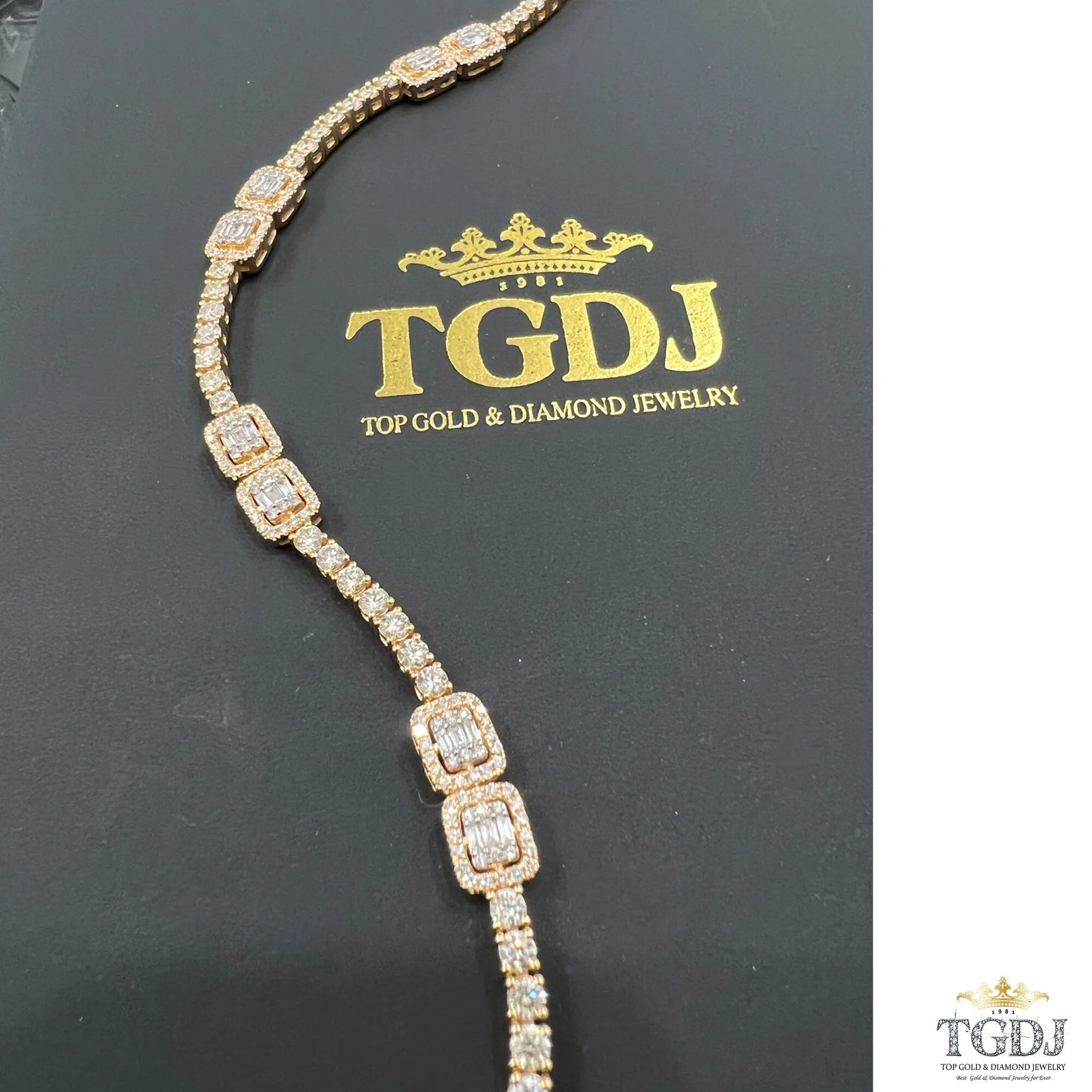 14k Yellow Gold Genuine Natural 3.31ct Diamond Tennis Bracelet Baguette & Round Diamond Charm Diamond Bracelet  | Exclusive Design for Women