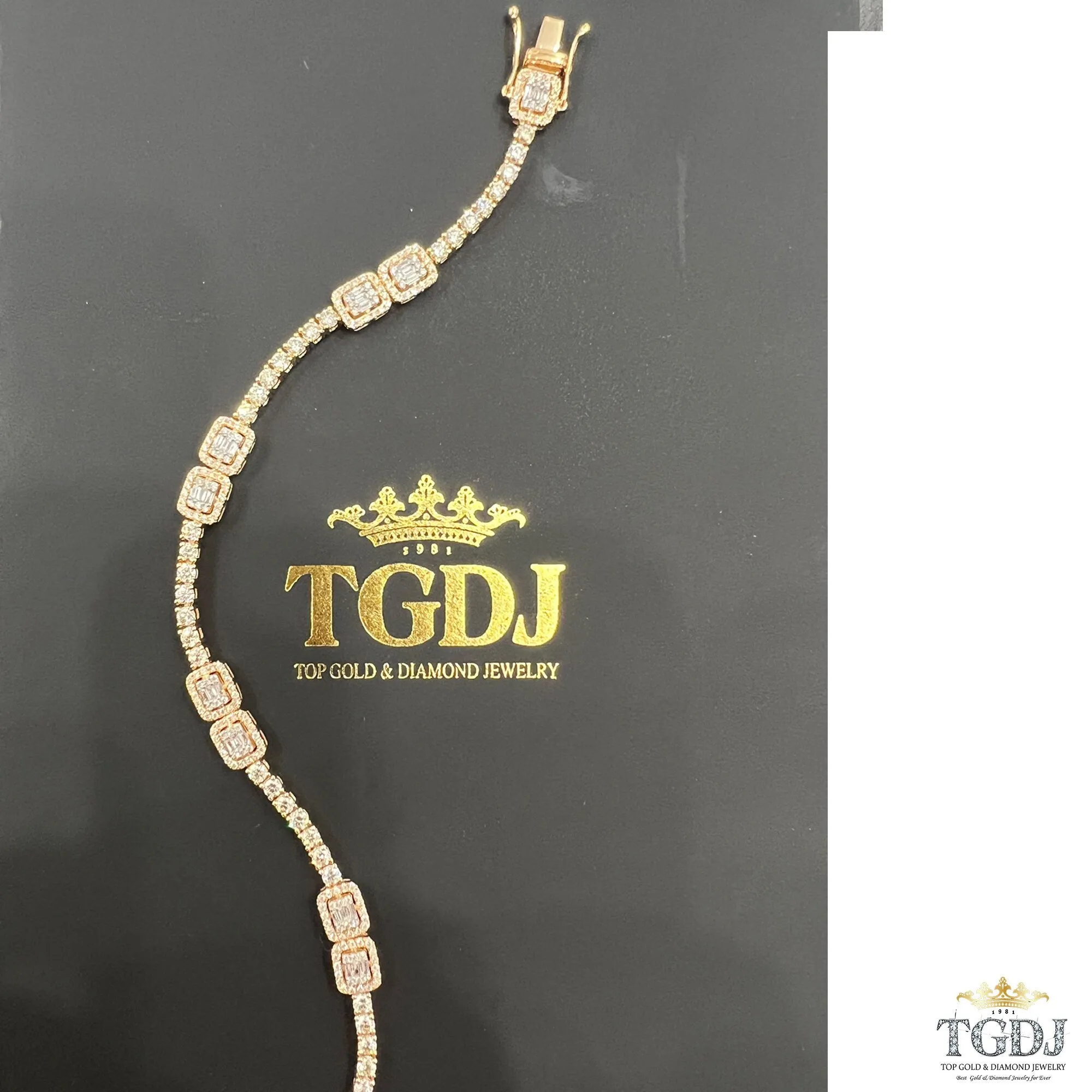 14k Yellow Gold Genuine Natural 3.31ct Diamond Tennis Bracelet Baguette & Round Diamond Charm Diamond Bracelet  | Exclusive Design for Women