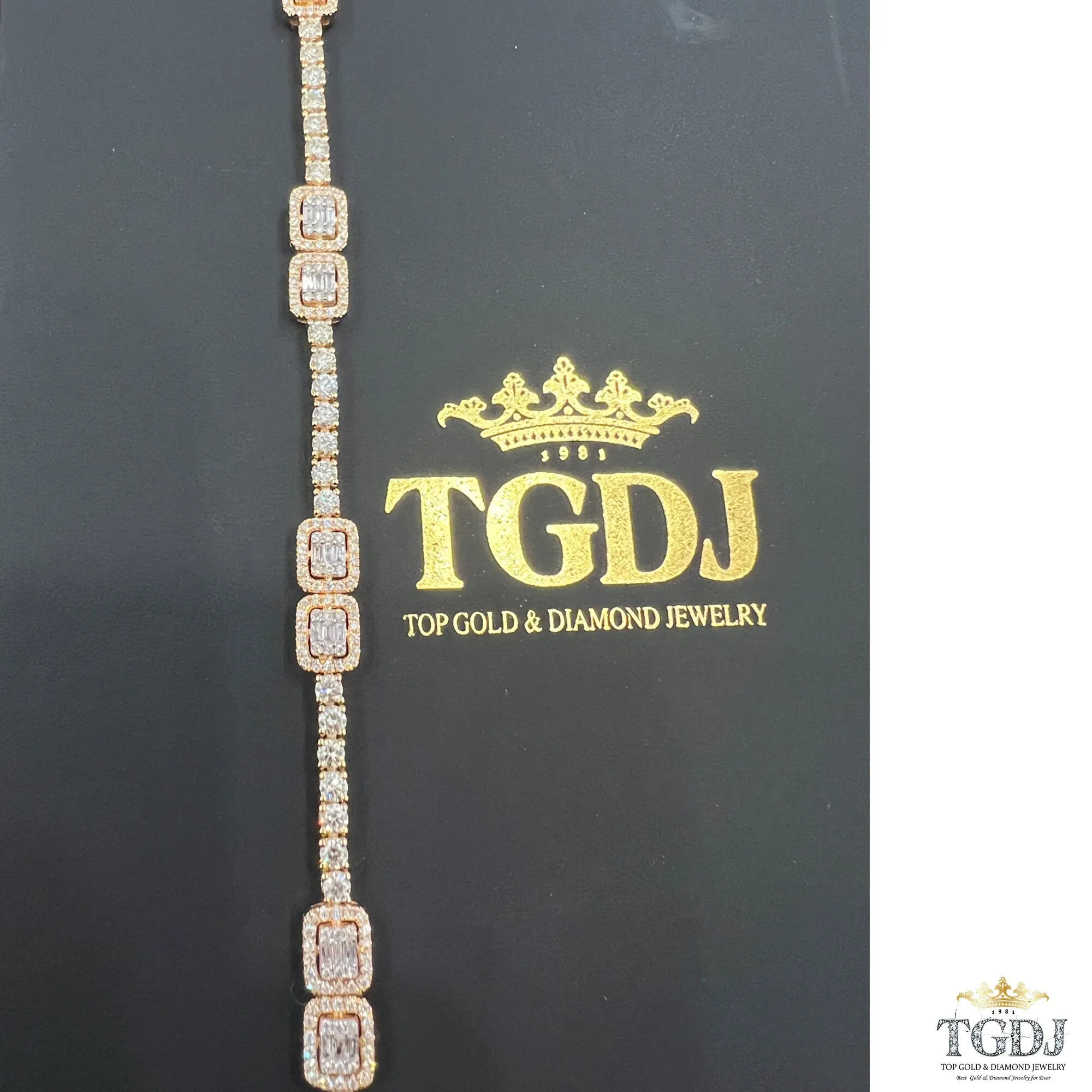 14k Yellow Gold Genuine Natural 3.31ct Diamond Tennis Bracelet Baguette & Round Diamond Charm Diamond Bracelet  | Exclusive Design for Women