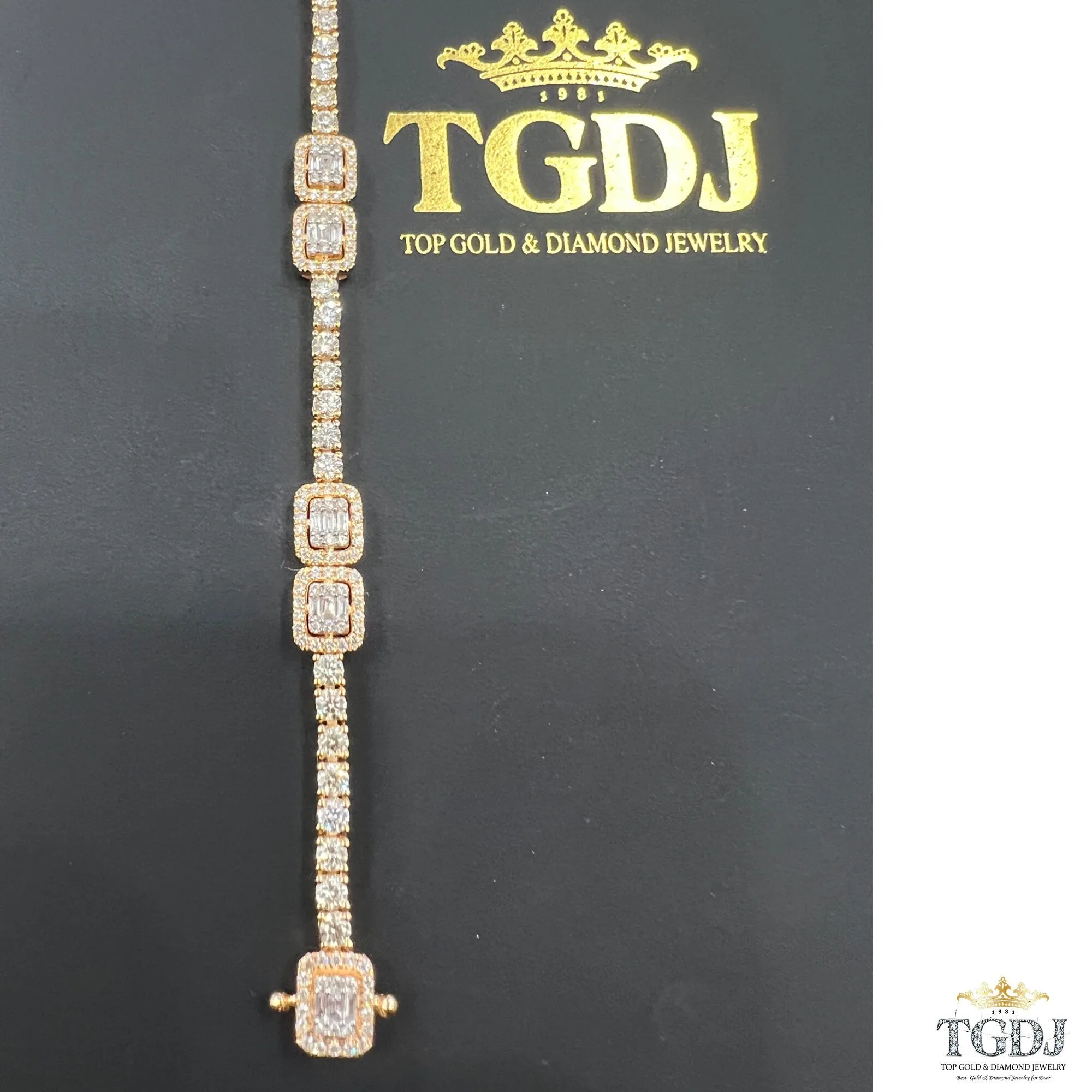 14k Yellow Gold Genuine Natural 3.31ct Diamond Tennis Bracelet Baguette & Round Diamond Charm Diamond Bracelet  | Exclusive Design for Women