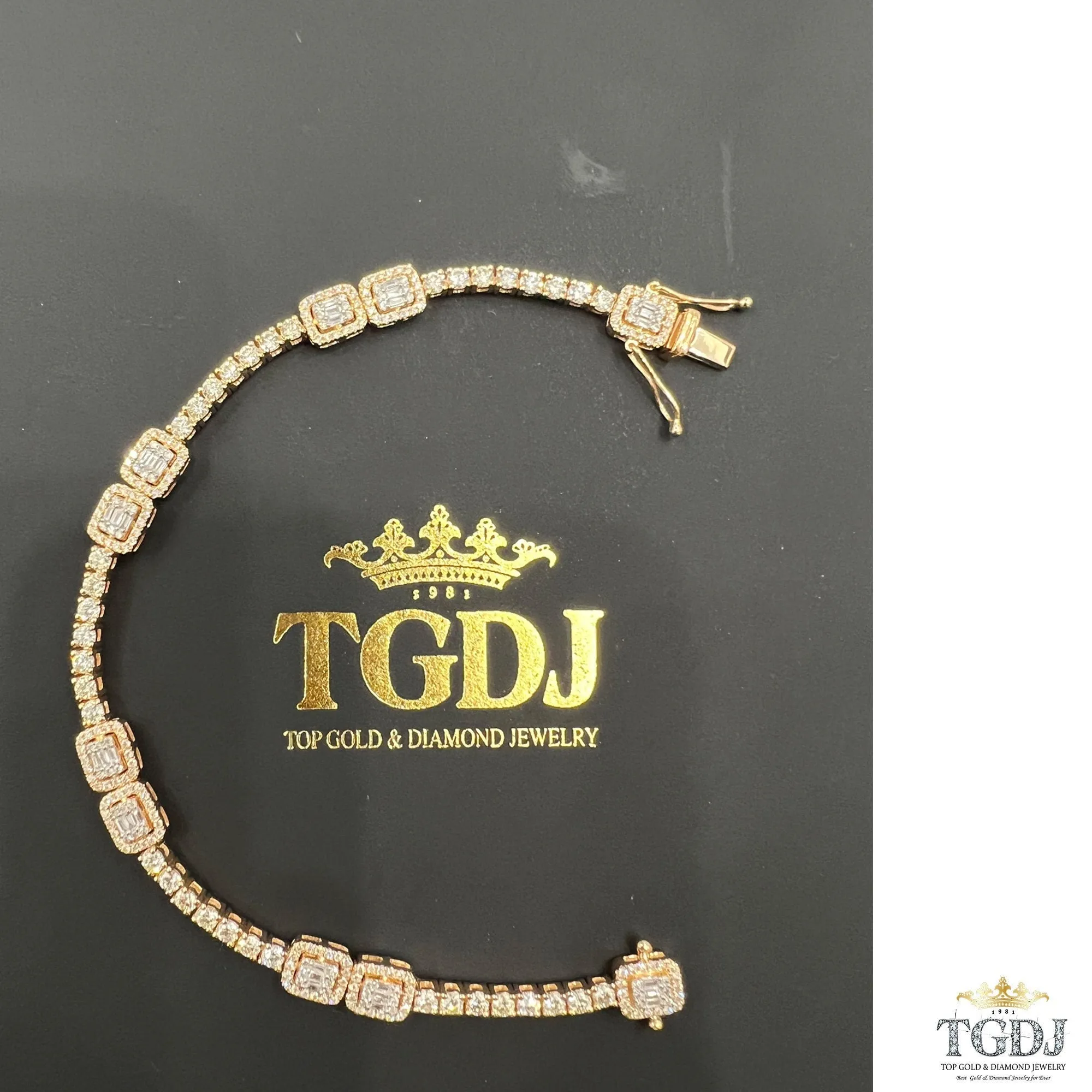 14k Yellow Gold Genuine Natural 3.31ct Diamond Tennis Bracelet Baguette & Round Diamond Charm Diamond Bracelet  | Exclusive Design for Women