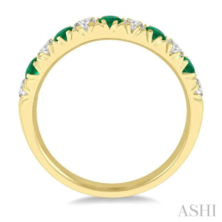 2.6 MM Emerald and 3/8 ctw Round Cut Diamond Precious Wedding Band in 14K Yellow Gold