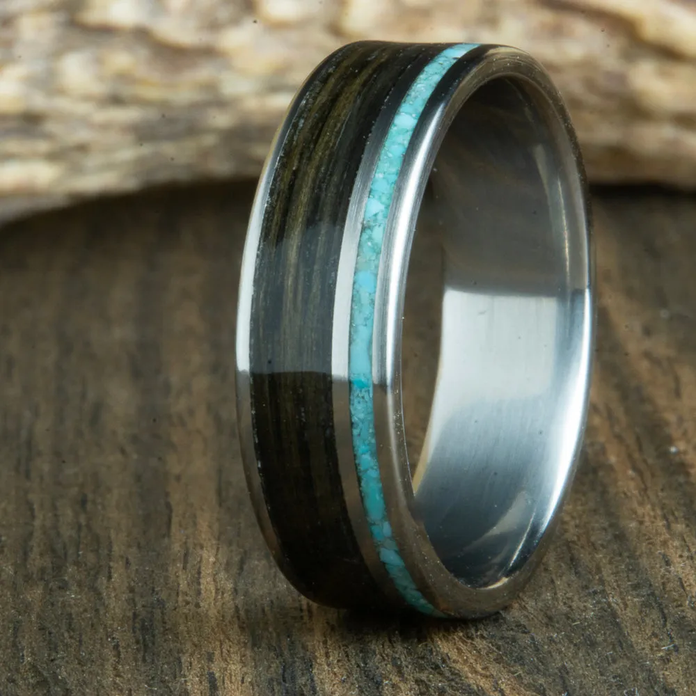 Aged Whiskey barrel wood and turquoise ring