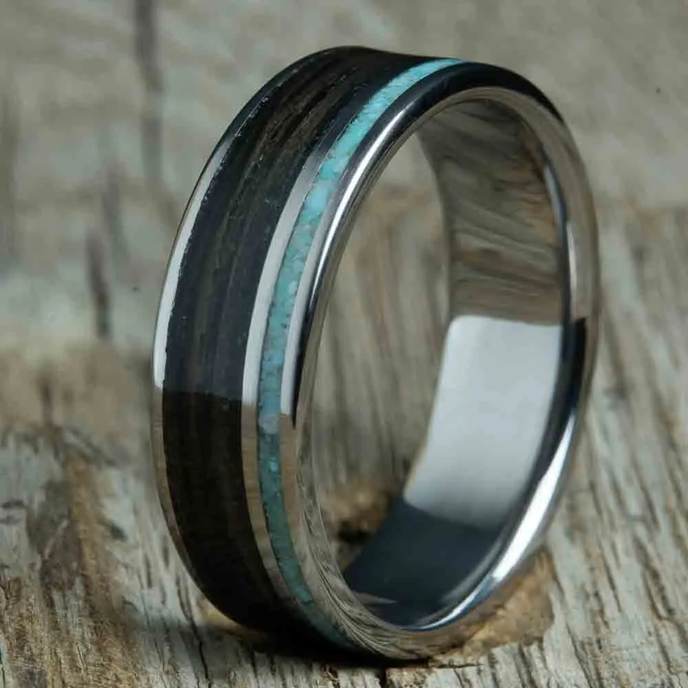 Aged Whiskey barrel wood and turquoise ring