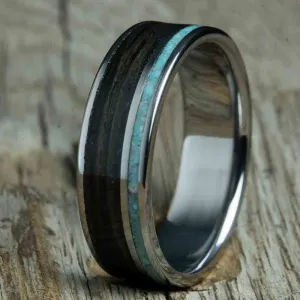 Aged Whiskey barrel wood and turquoise ring