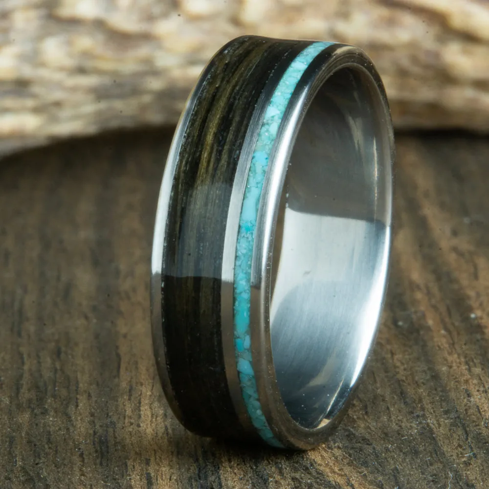 Aged Whiskey barrel wood and turquoise ring