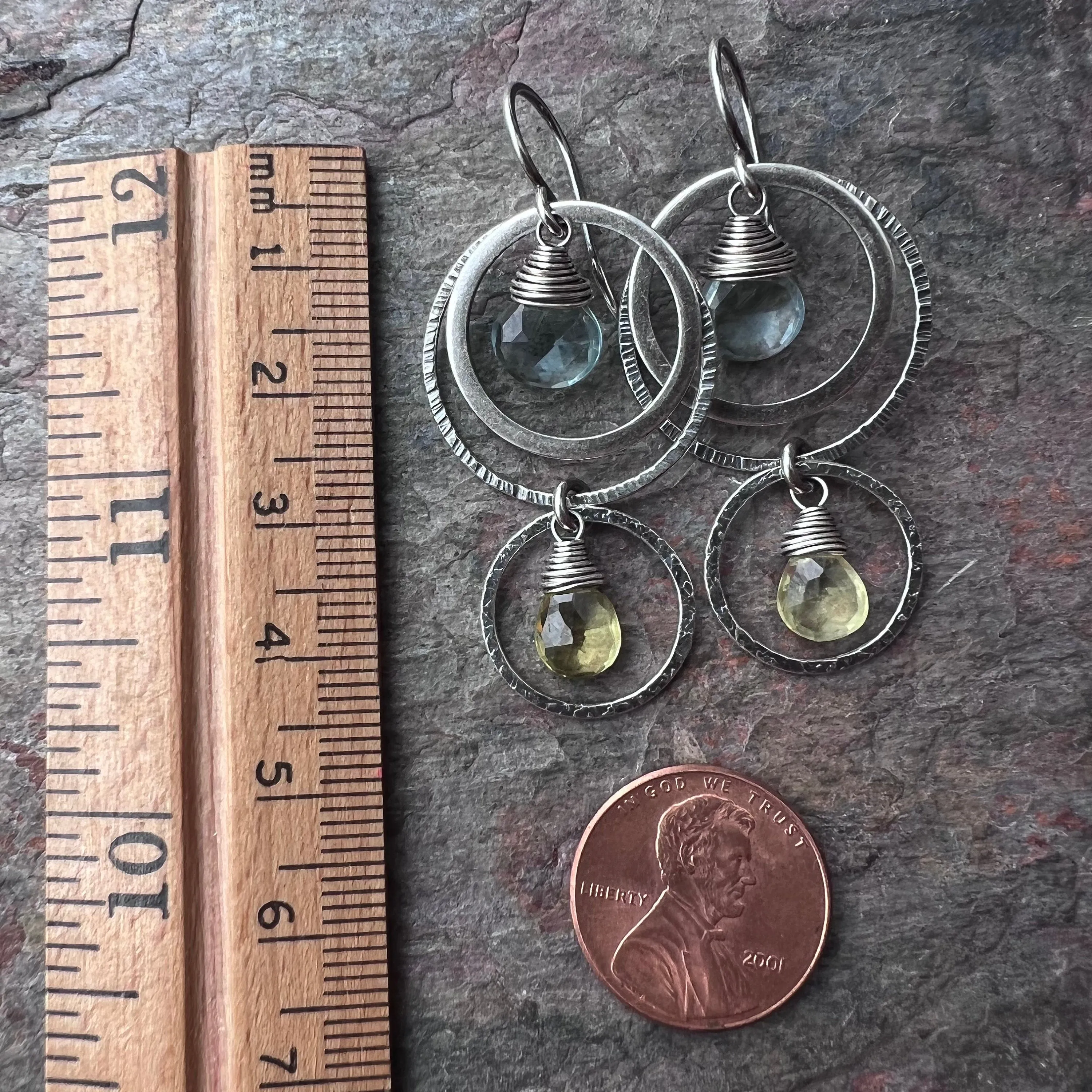 Aquamarine and Lemon Topaz Sterling Silver Earrings - Genuine Aquamarine and Lemon Topaz in Sterling Silver Circles