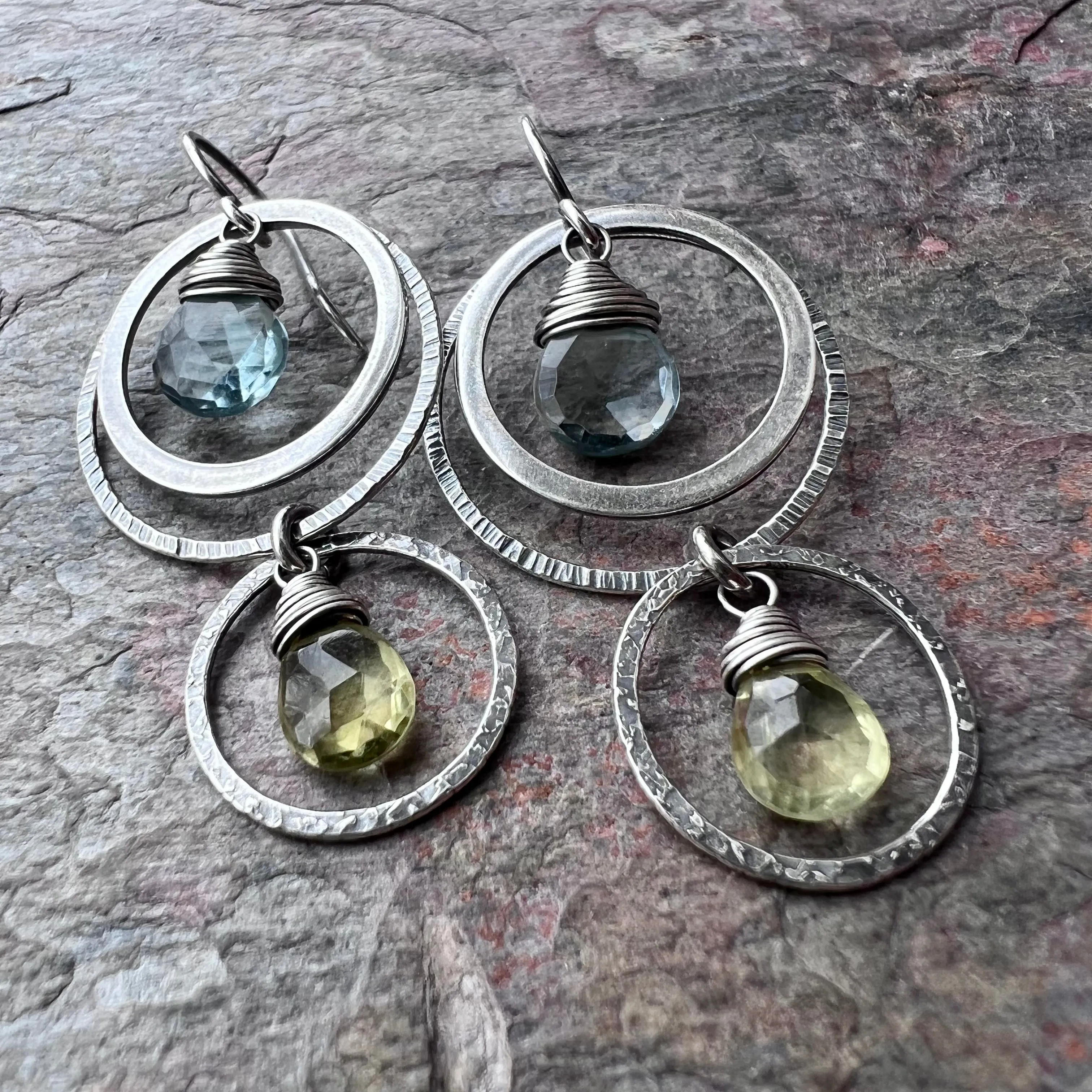 Aquamarine and Lemon Topaz Sterling Silver Earrings - Genuine Aquamarine and Lemon Topaz in Sterling Silver Circles