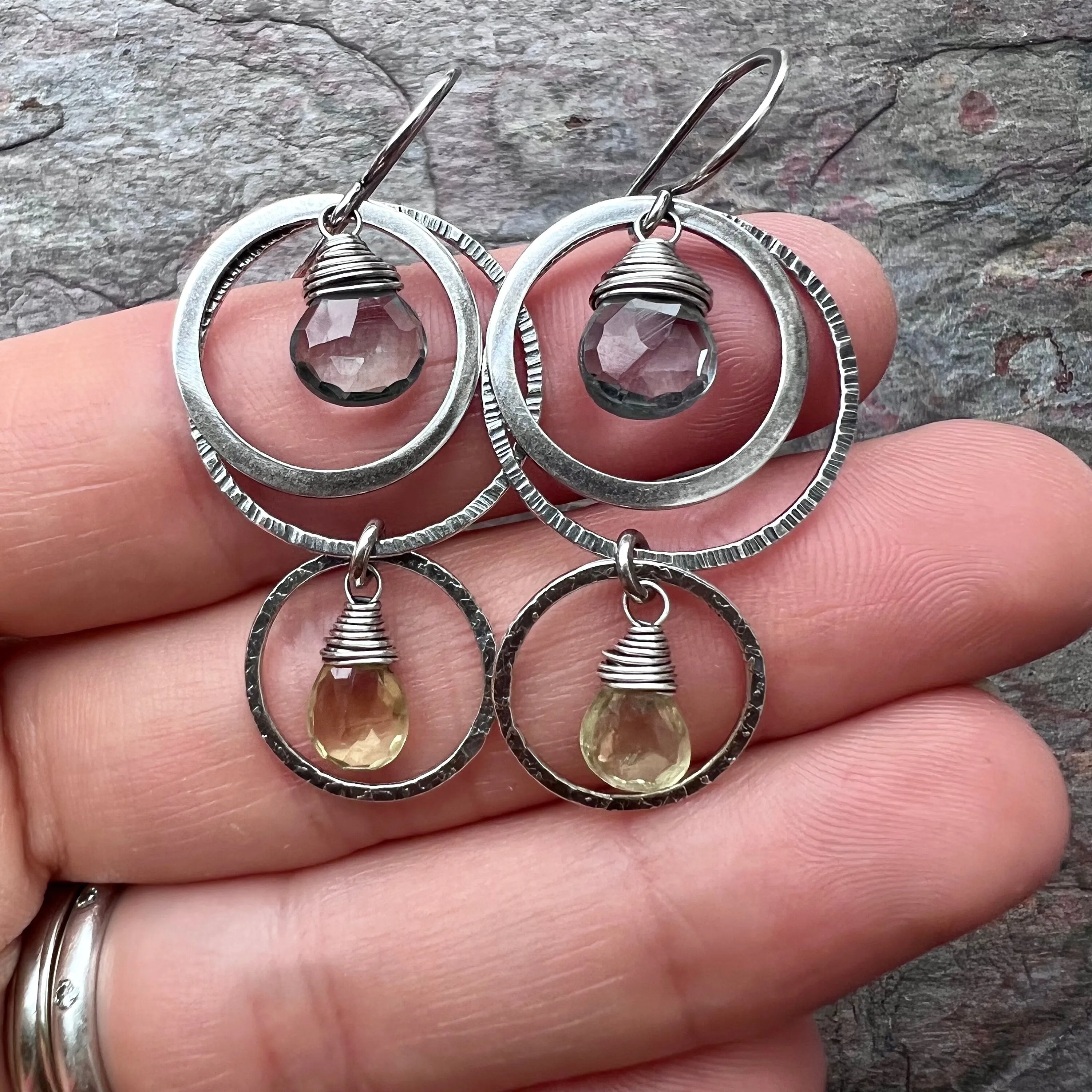 Aquamarine and Lemon Topaz Sterling Silver Earrings - Genuine Aquamarine and Lemon Topaz in Sterling Silver Circles