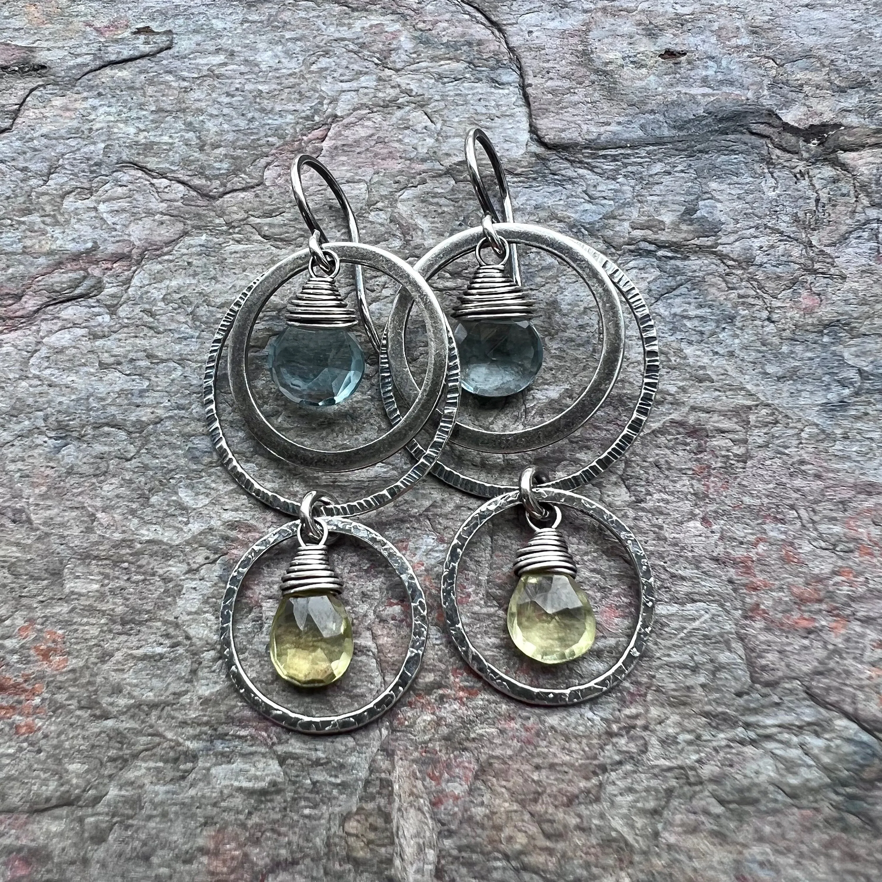 Aquamarine and Lemon Topaz Sterling Silver Earrings - Genuine Aquamarine and Lemon Topaz in Sterling Silver Circles