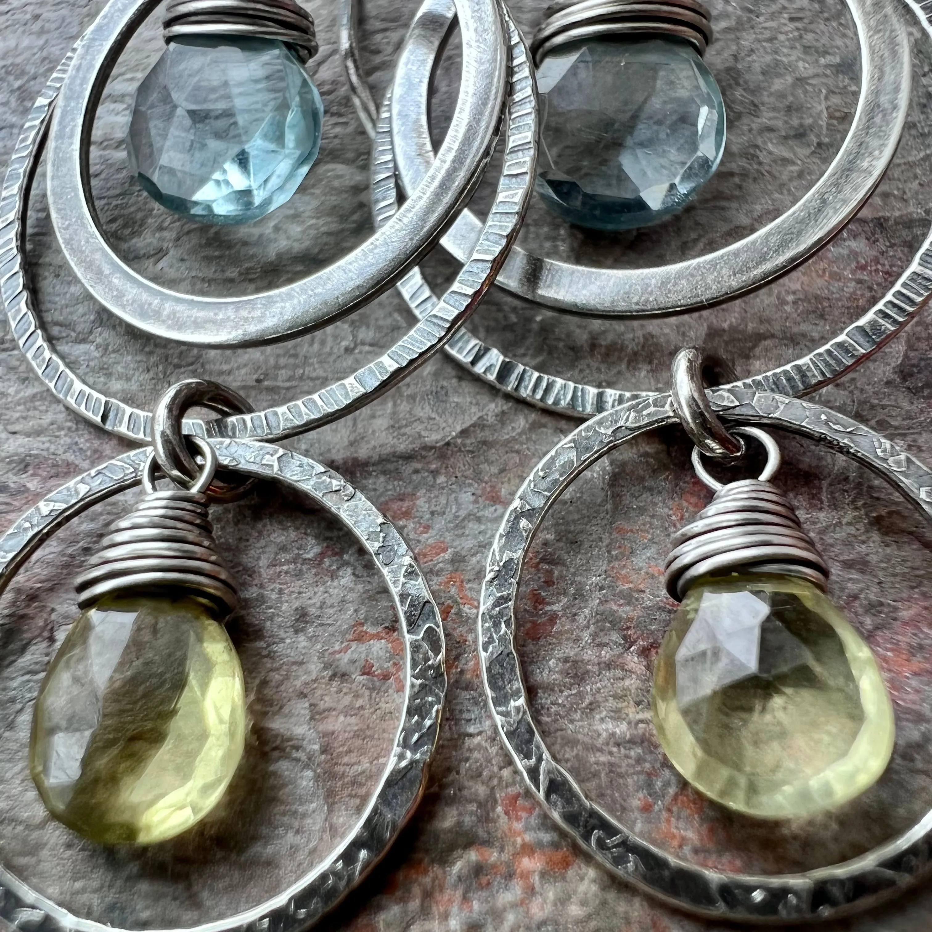 Aquamarine and Lemon Topaz Sterling Silver Earrings - Genuine Aquamarine and Lemon Topaz in Sterling Silver Circles