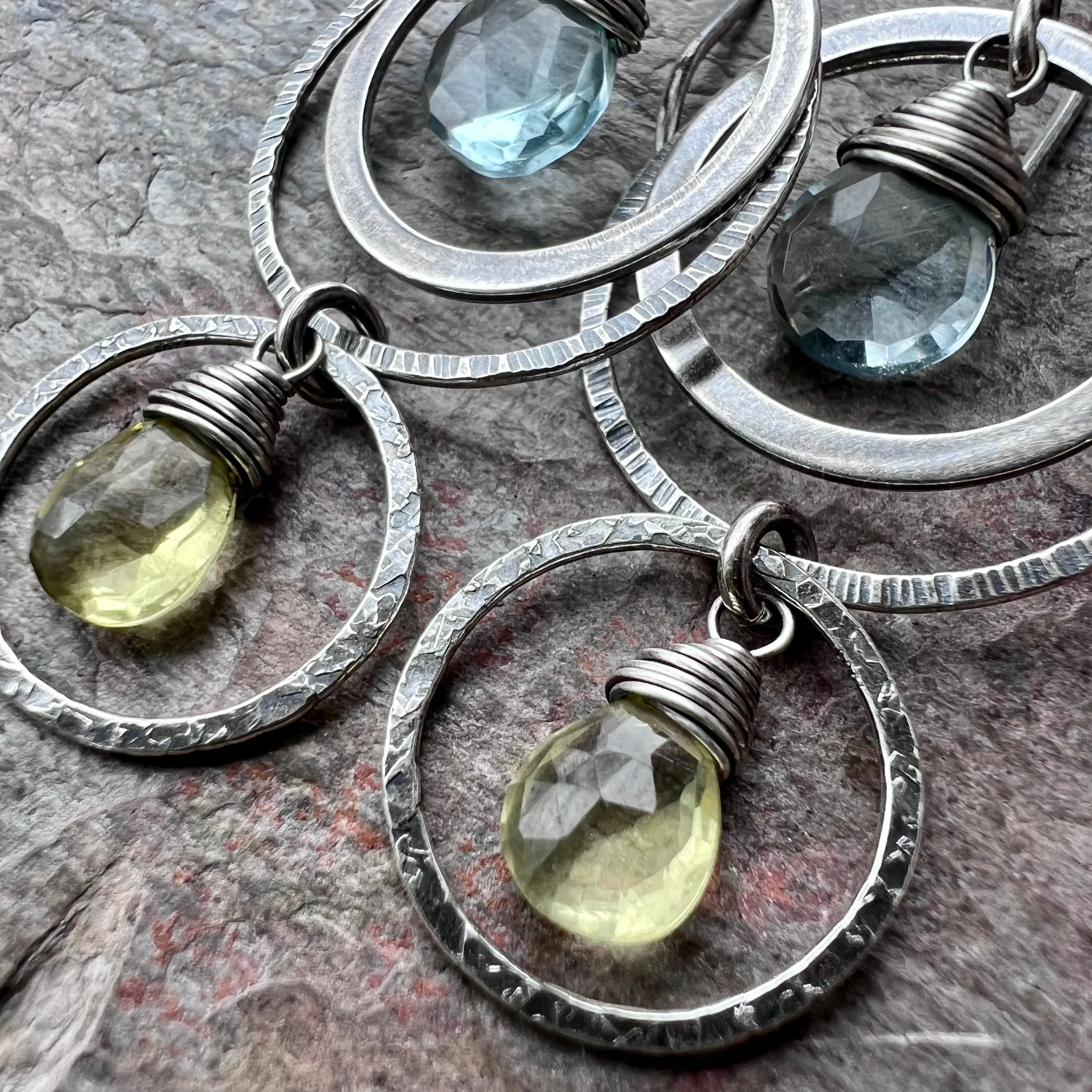 Aquamarine and Lemon Topaz Sterling Silver Earrings - Genuine Aquamarine and Lemon Topaz in Sterling Silver Circles