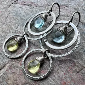 Aquamarine and Lemon Topaz Sterling Silver Earrings - Genuine Aquamarine and Lemon Topaz in Sterling Silver Circles