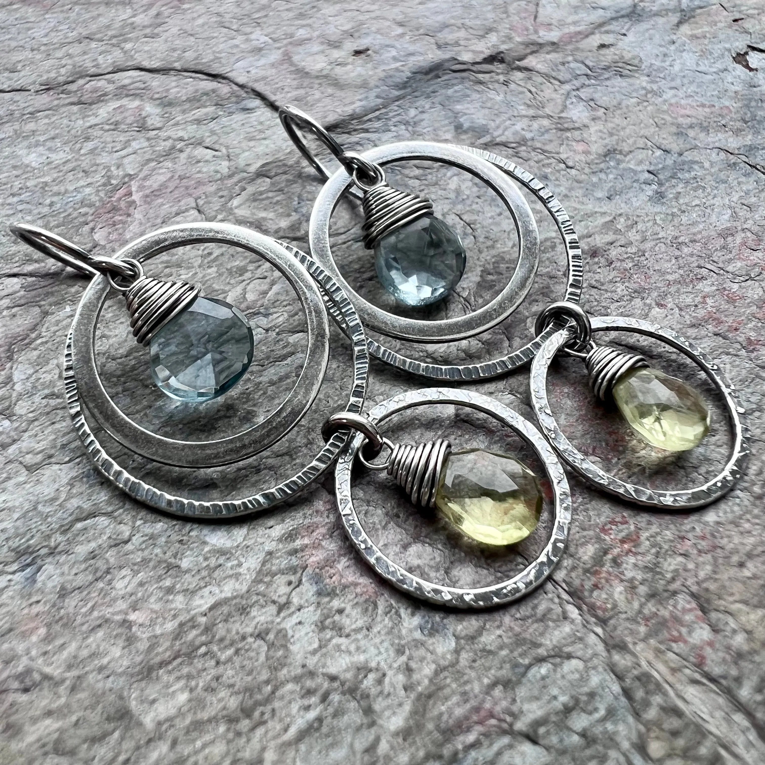 Aquamarine and Lemon Topaz Sterling Silver Earrings - Genuine Aquamarine and Lemon Topaz in Sterling Silver Circles