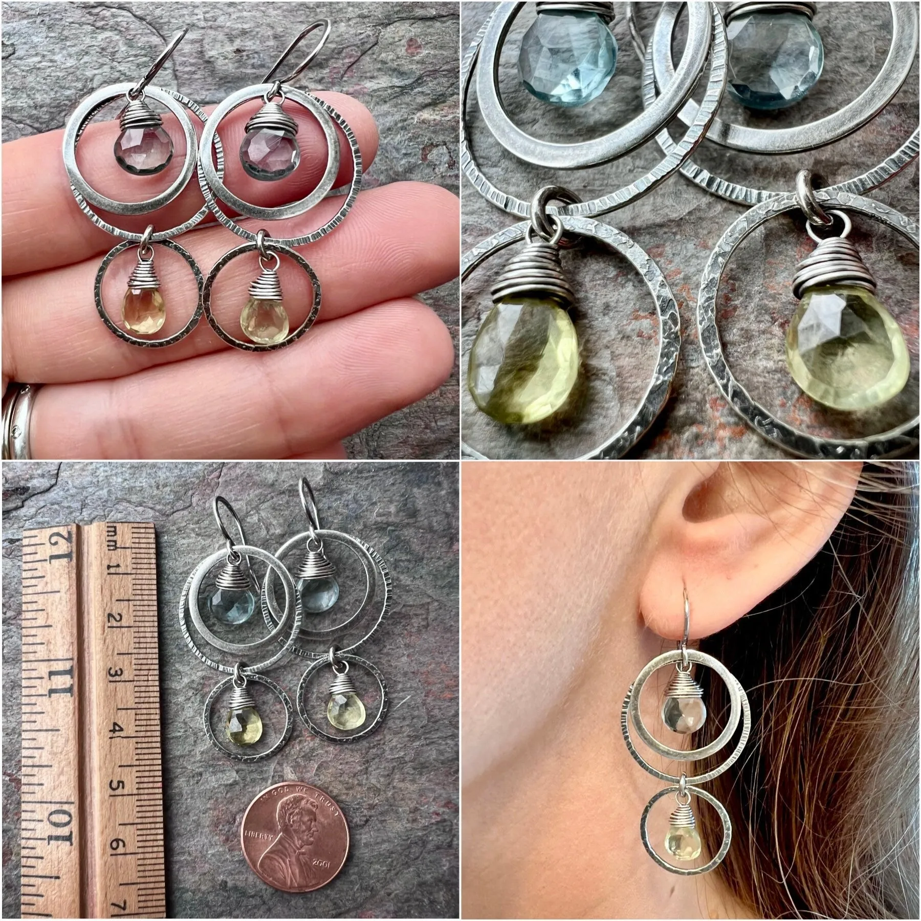 Aquamarine and Lemon Topaz Sterling Silver Earrings - Genuine Aquamarine and Lemon Topaz in Sterling Silver Circles