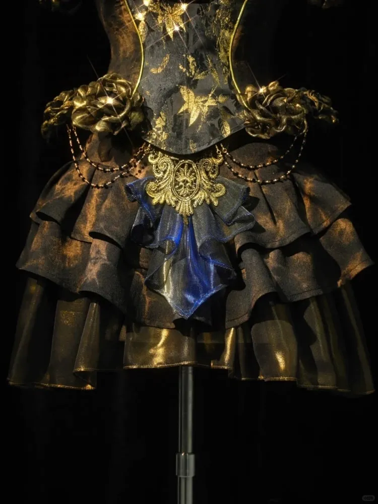 Black and Gold Tiered Ruffle Shorts Lining Skirt