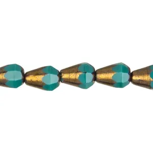 Czech Glass Opaque Turquoise with Copper Finish Bottom Cut Teardrop Bead Strand by Raven's Journey
