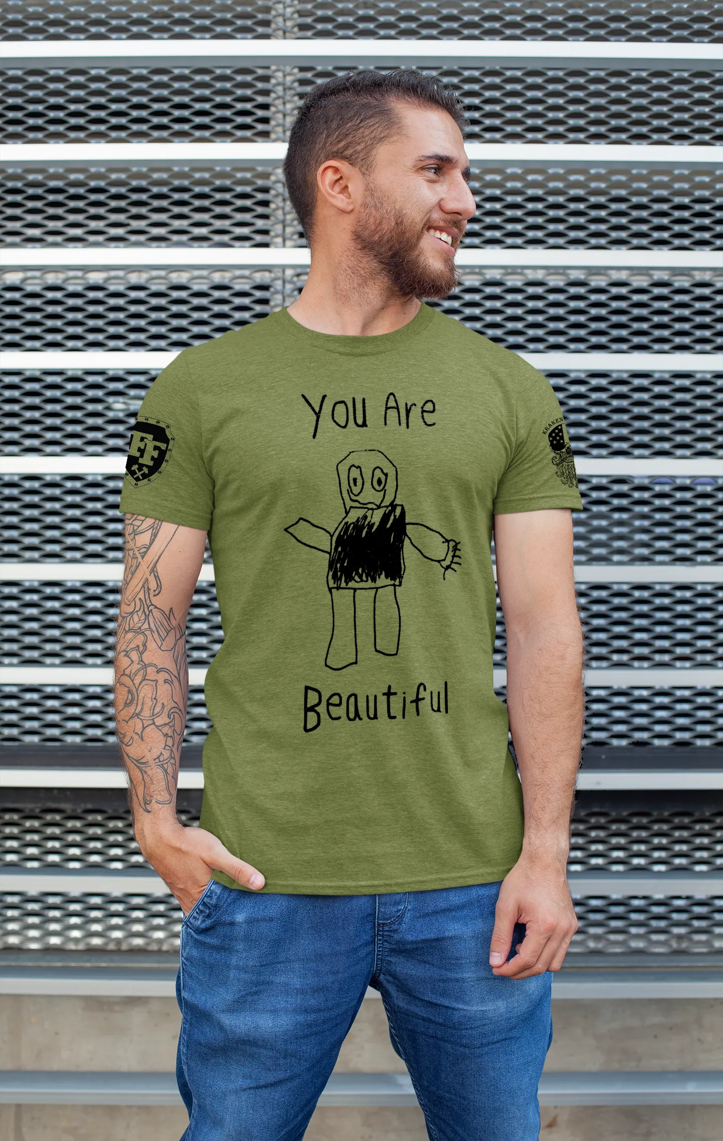 Forging Forward "You Are Beautiful" T-Shirt - Outline - Military Green