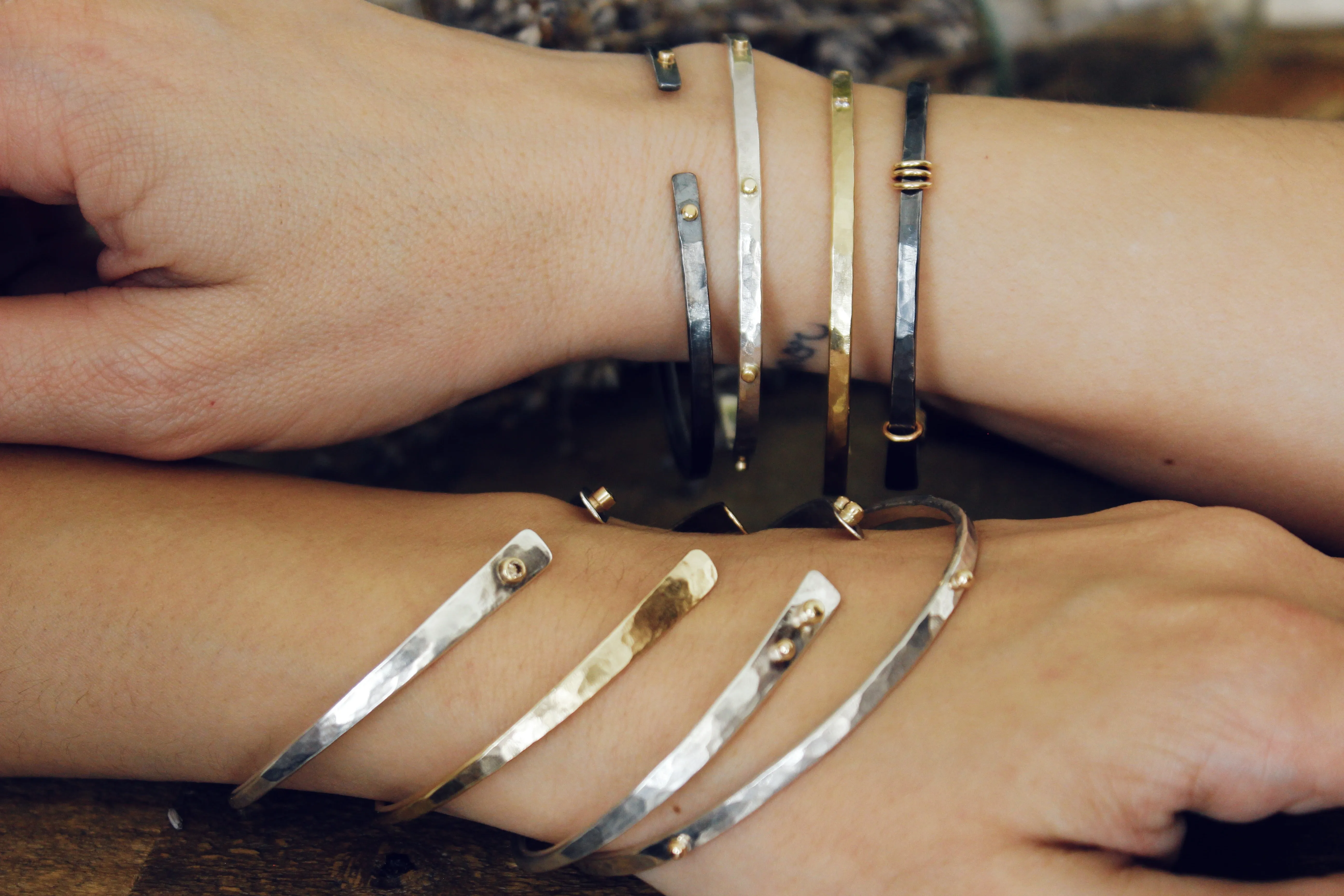 Hammered Texture Sterling Silver Bracelet With 14k yellow Gold