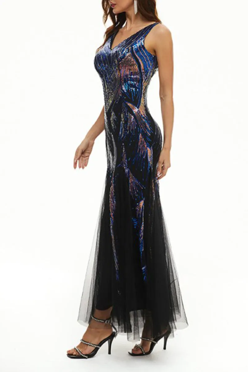 hulianfu Celebrities Elegant Color Block Patchwork V Neck Evening Dress Dresses
