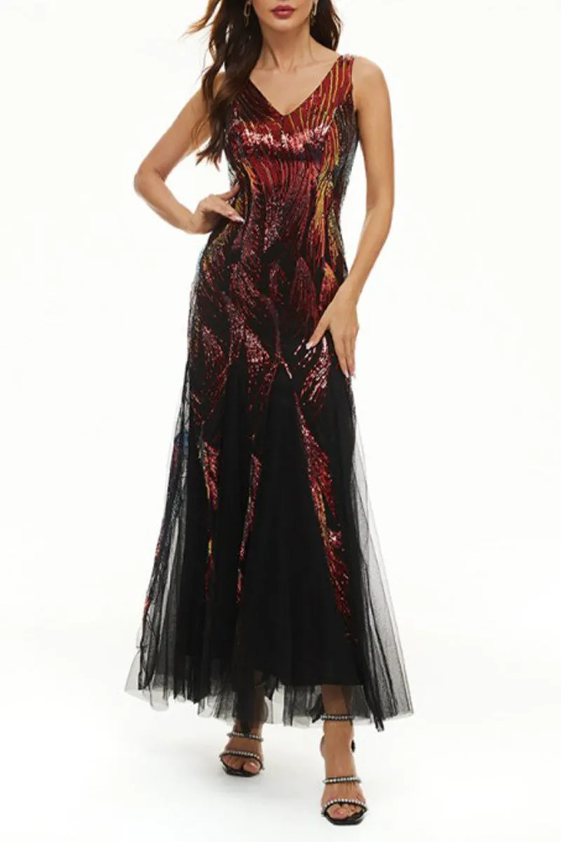 hulianfu Celebrities Elegant Color Block Patchwork V Neck Evening Dress Dresses