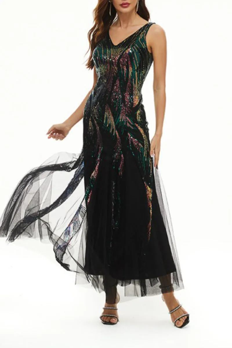 hulianfu Celebrities Elegant Color Block Patchwork V Neck Evening Dress Dresses