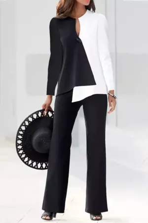 hulianfu Elegant Color Block Contrast O Neck Long Sleeve Two Pieces