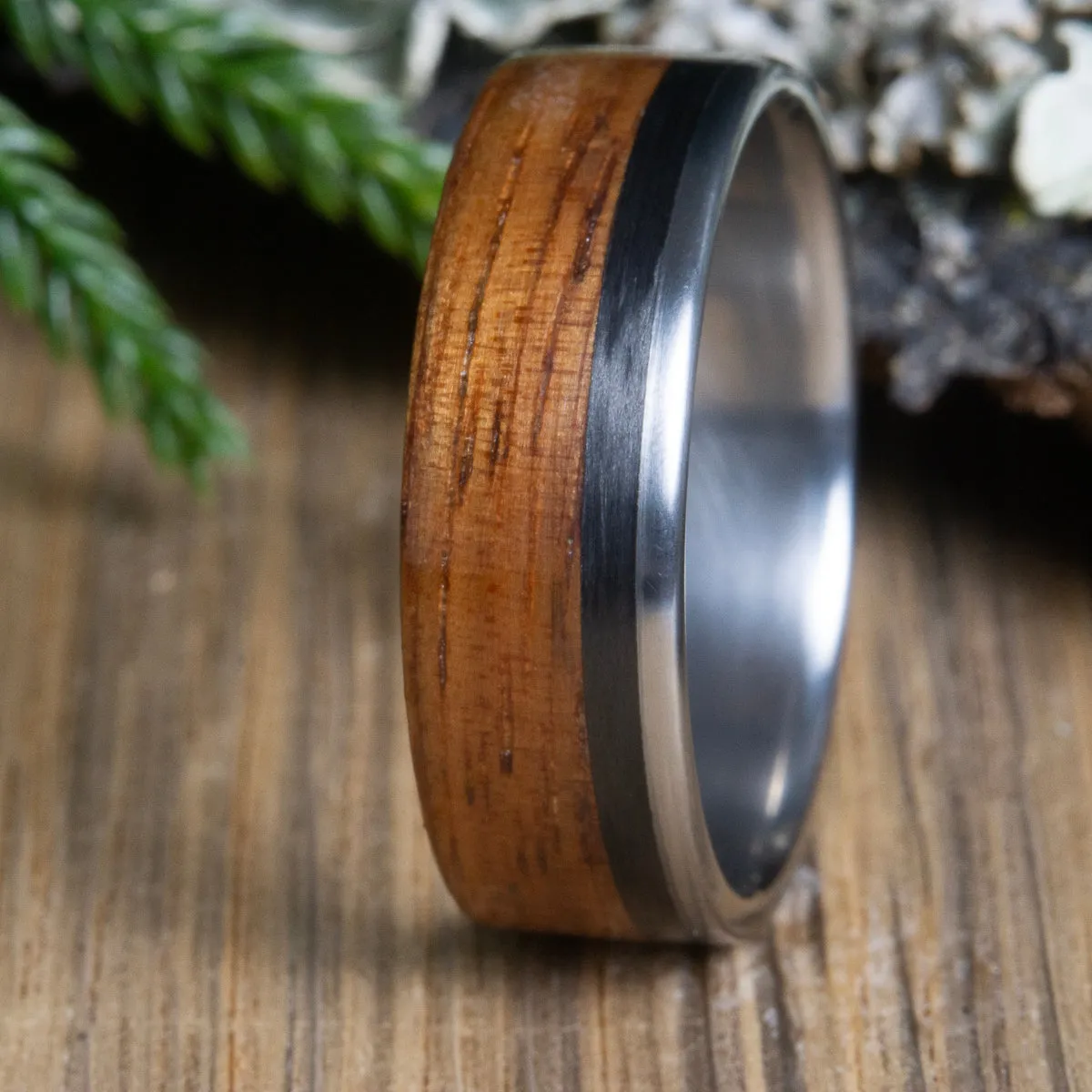 Koa wood ring, carbon fiber and wooden inlay