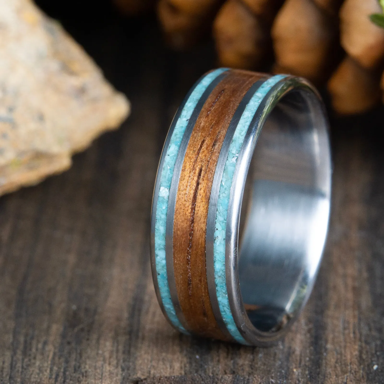 Koa wood wedding ring with titanium and turquoise inlay