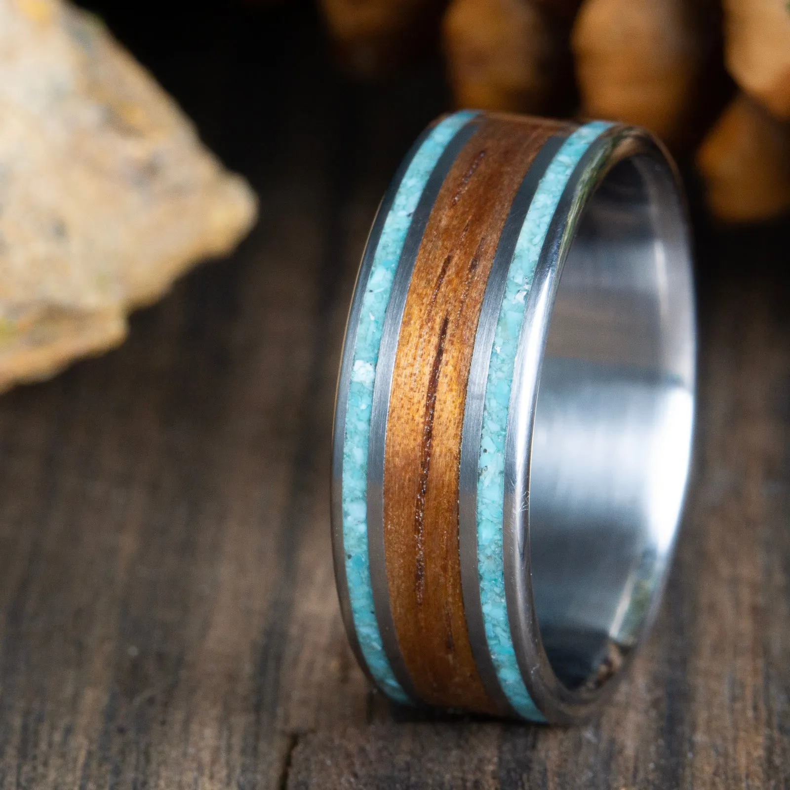 Koa wood wedding ring with titanium and turquoise inlay