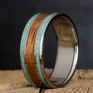Koa wood wedding ring with titanium and turquoise inlay