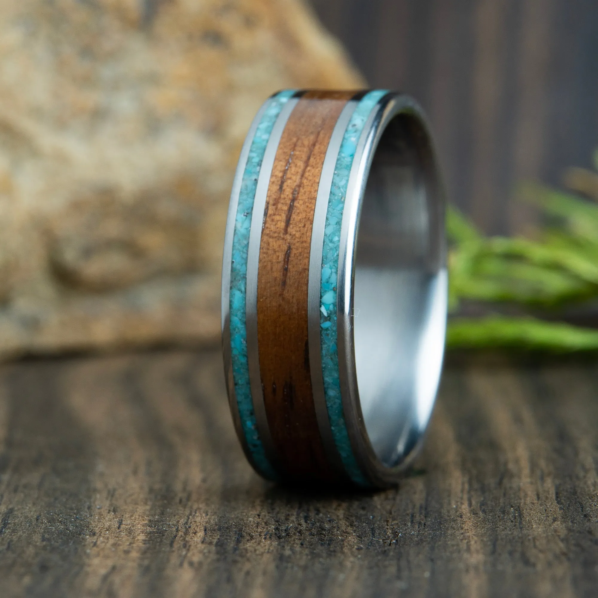 Koa wood wedding ring with titanium and turquoise inlay