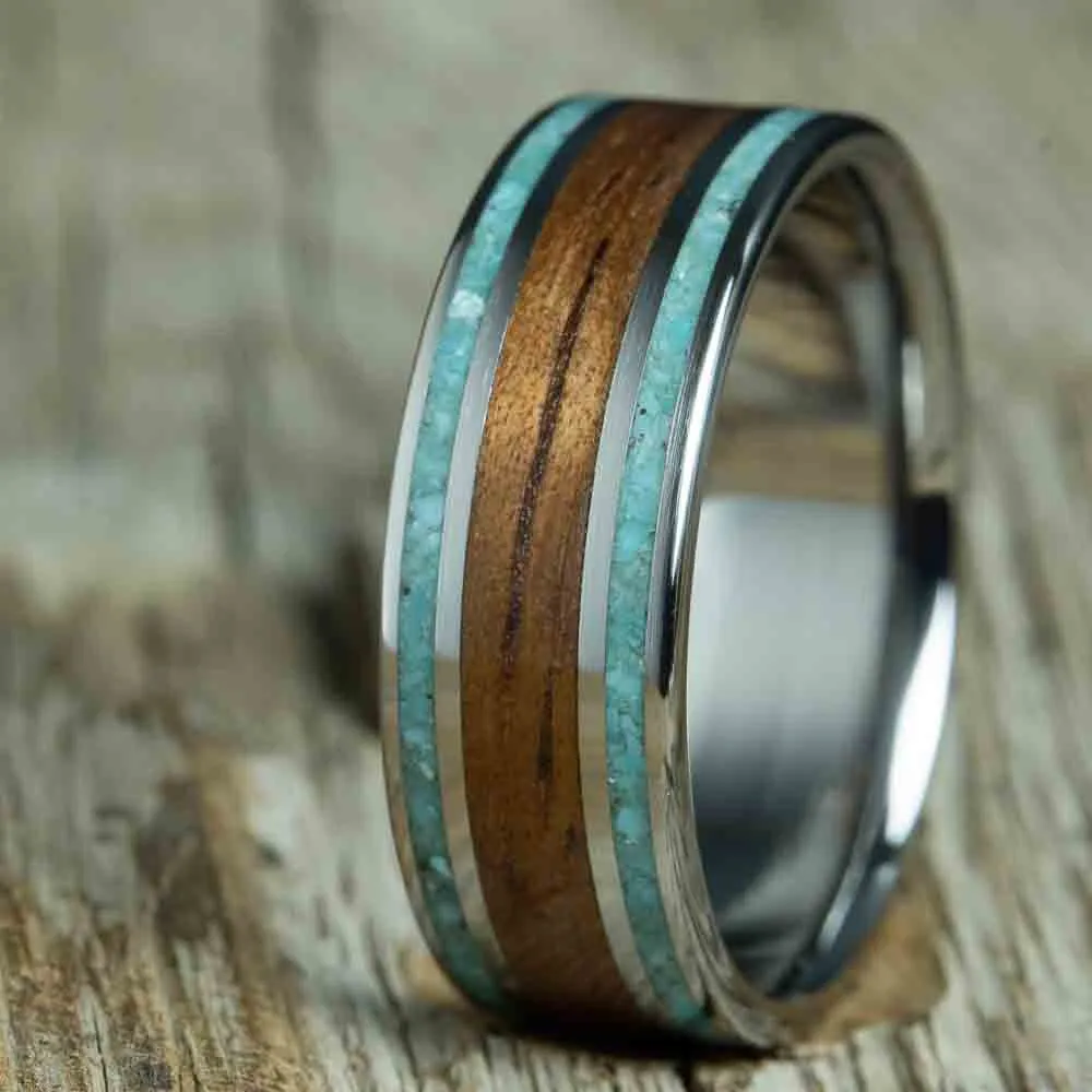 Koa wood wedding ring with titanium and turquoise inlay