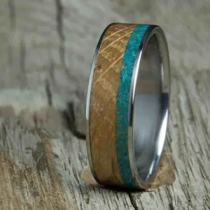 Mens wedding band with Whiskey barrel wood and turquoise