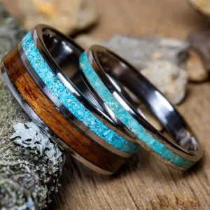 "Ocean's Allure" His and hers turquoise wedding rings set