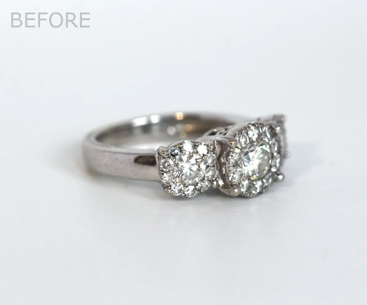 Three Bezel Halo Pink Gold Wedding Ring Redesign