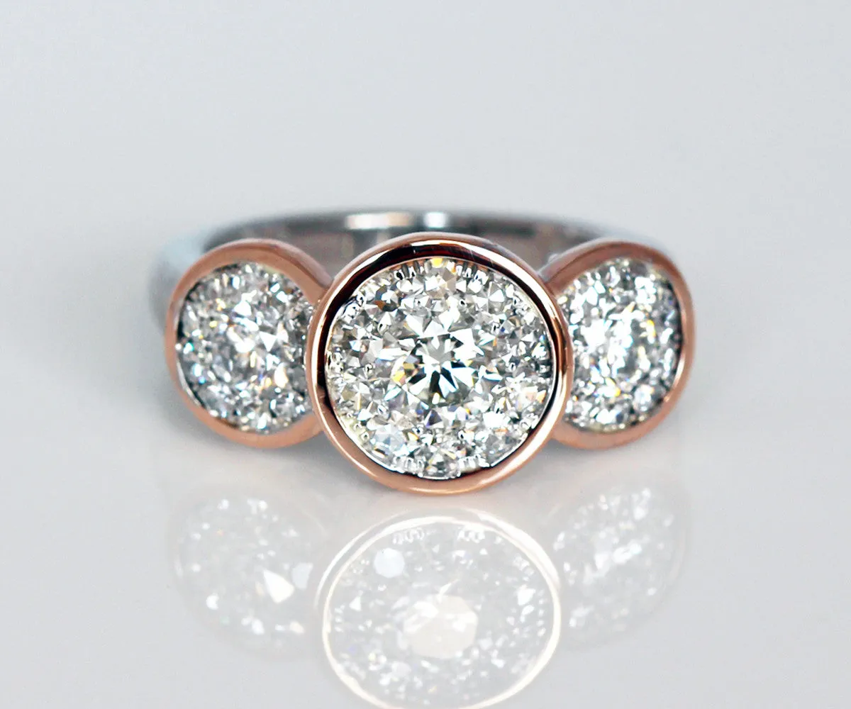 Three Bezel Halo Pink Gold Wedding Ring Redesign