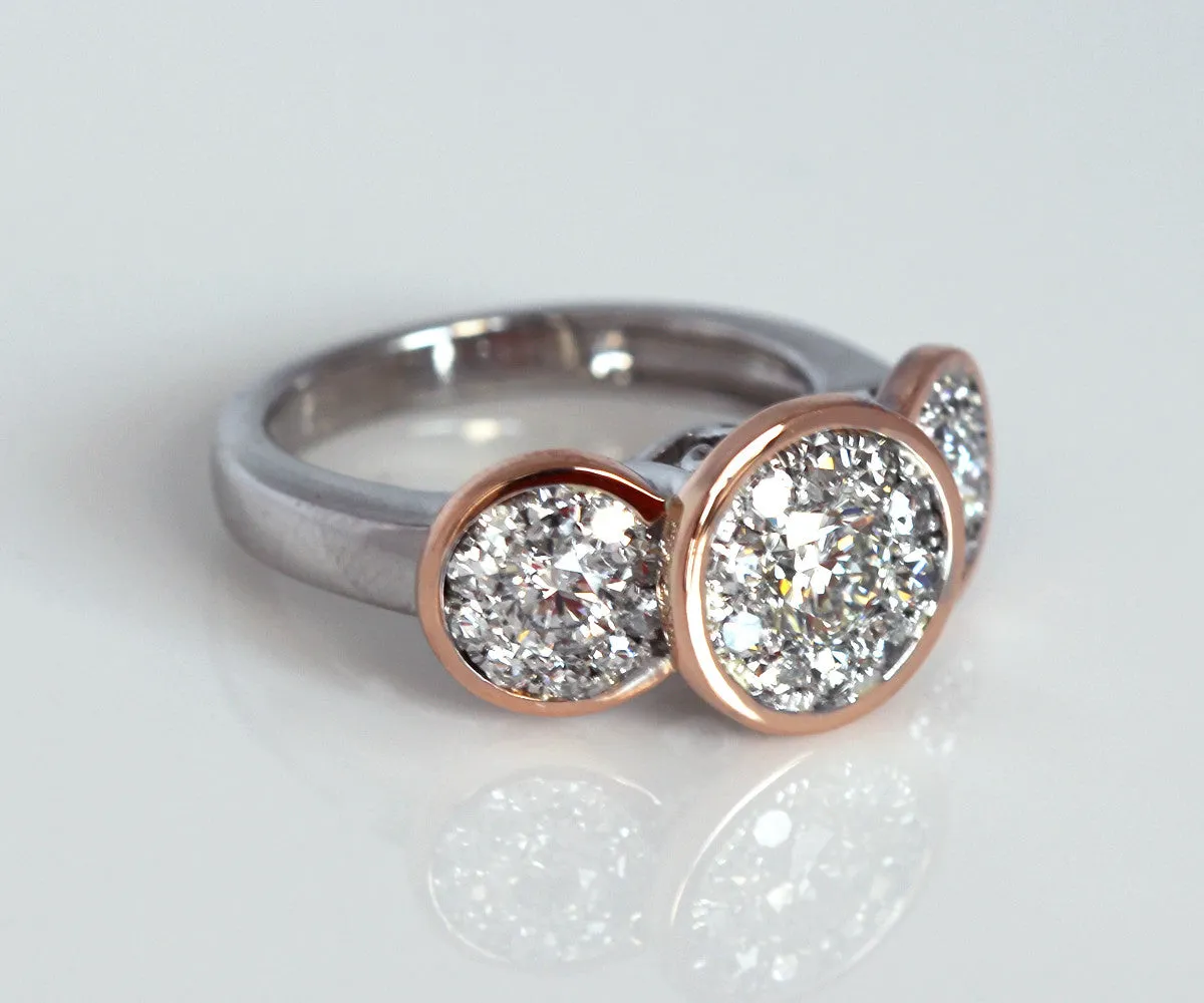 Three Bezel Halo Pink Gold Wedding Ring Redesign