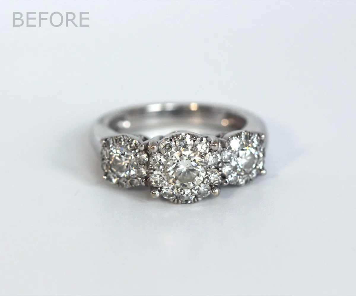 Three Bezel Halo Pink Gold Wedding Ring Redesign