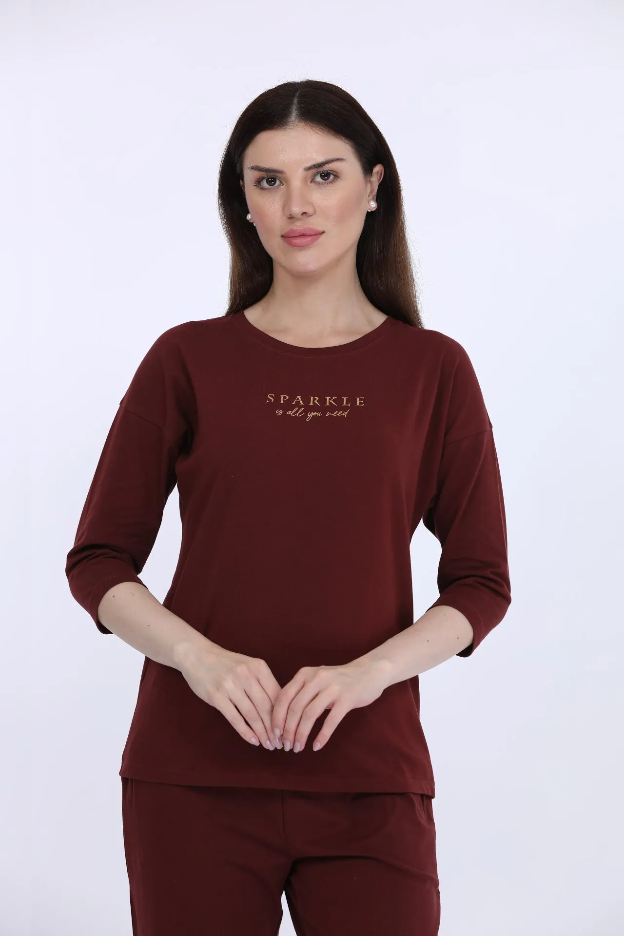 Wine Cotton Stretch Fashion Co-Ord Set